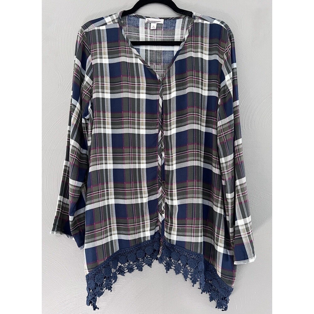 cb established 1962 Top Blouse Plaid w/ Lace Button Front Tabbed Sleeves XL